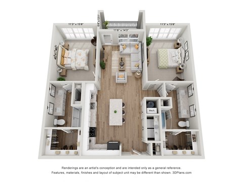 Floor plan for 2 beds, 2 baths, 1248 sqft